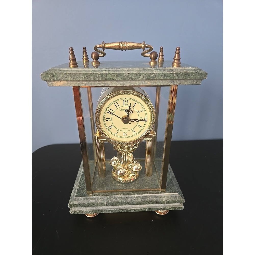 Vintage Commodore Quartz Mantel Clock Marble Brass Rotating Pendulum Not WORKING
